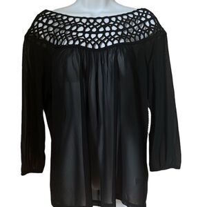 NWT Humble Chic Black Lattice Neckline Long Sleeve Sheer Blouse sz M